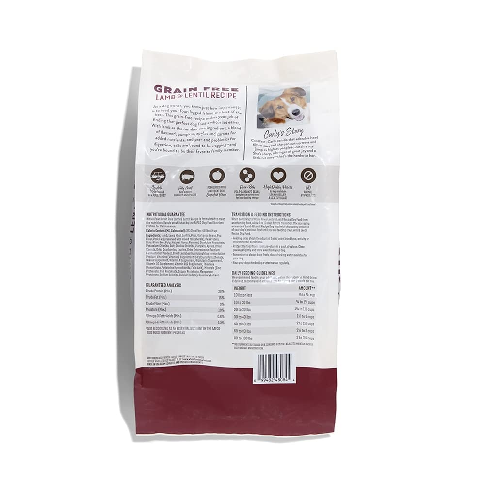 Emballage Whole Paws agneau et lentilles pour chien, information claire sur l’alimentation canine.