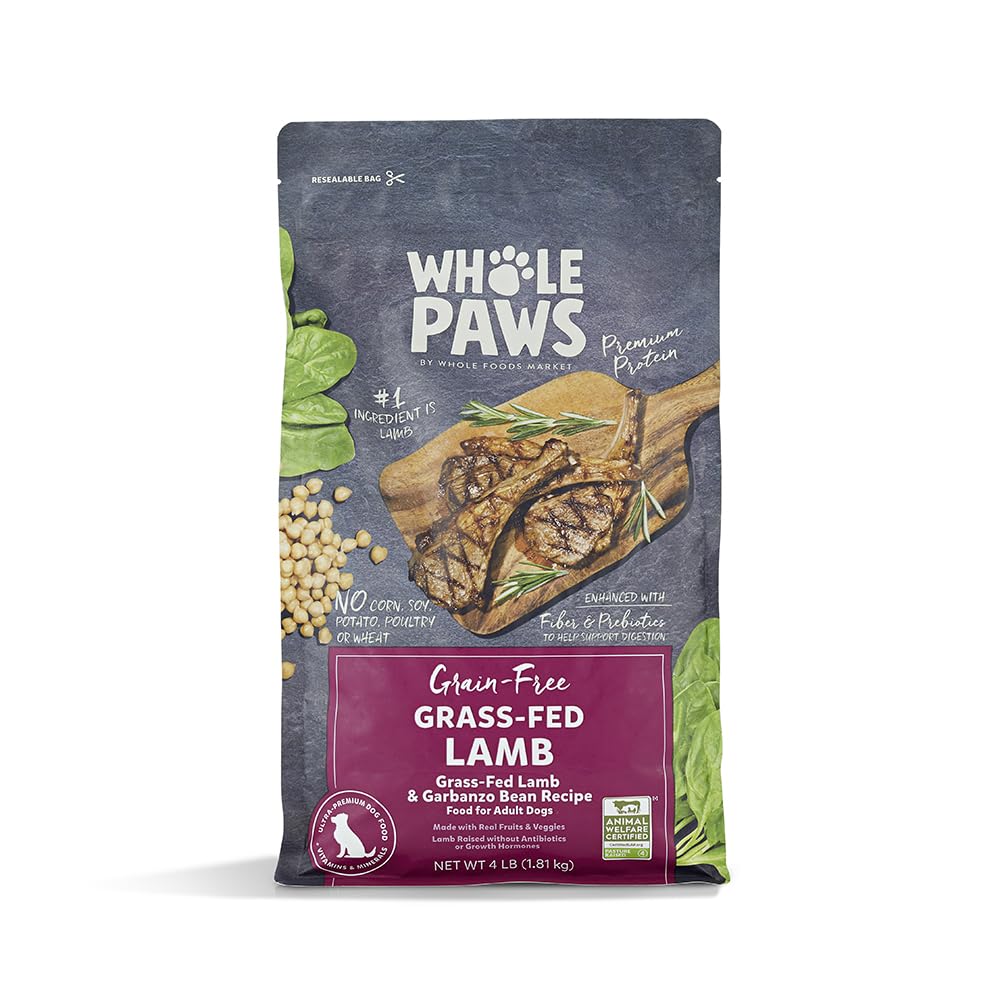 Nourriture Whole Paws pour chien adulte agneau et pois chiches dans un sac, repas équilibré.