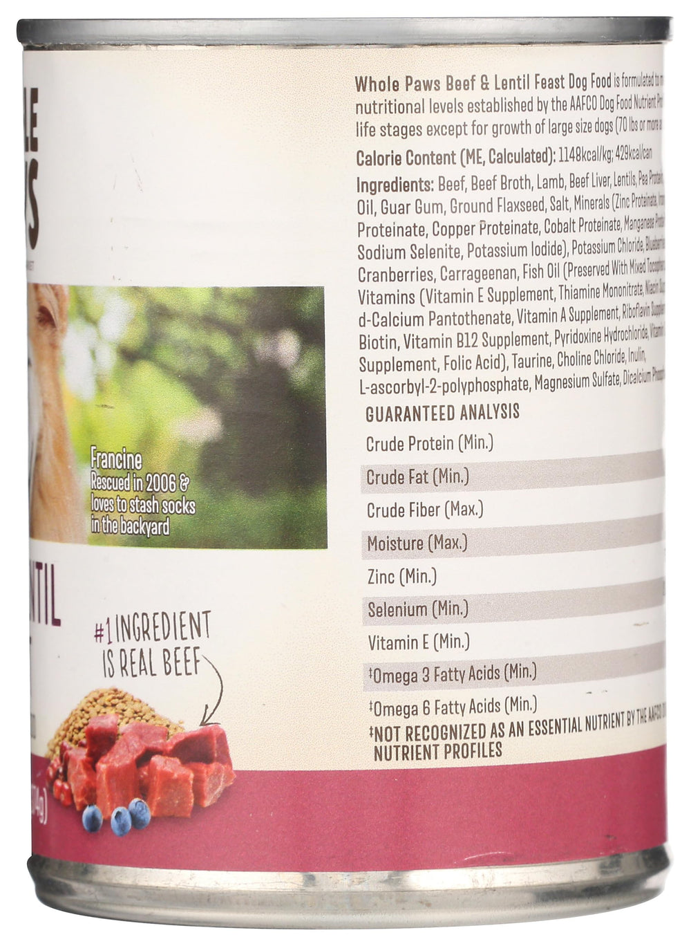 Whole Paws – emballage pratique et ingrédients gourmands, bœuf et lentilles pour chien actif.