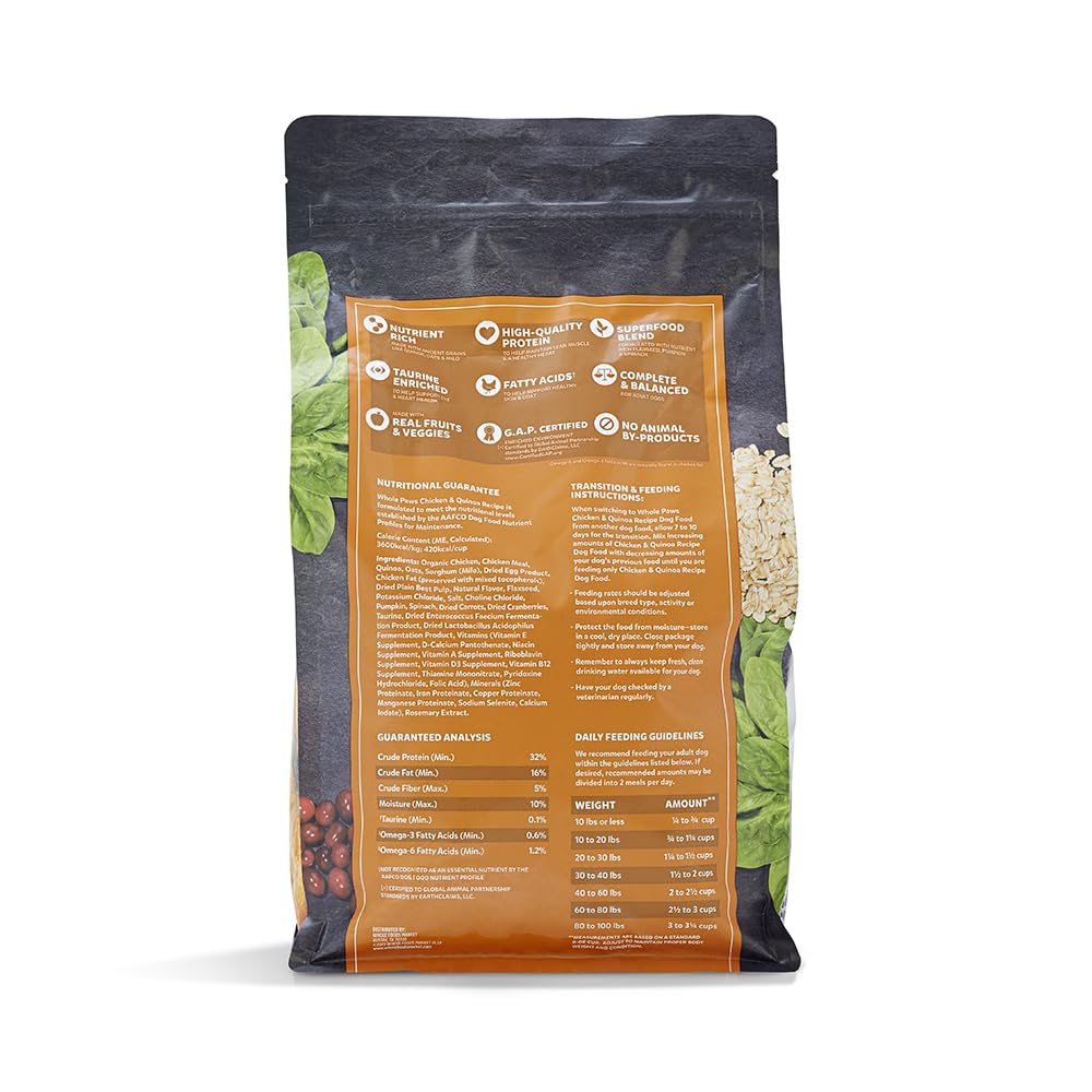 Bol de granulés Whole Paws Poulet Quinoa, soutien digestif grâce aux fibres.