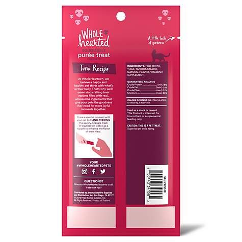 Contrôle des portions en tubes WholeHearted pour chats, pratique et sûr.