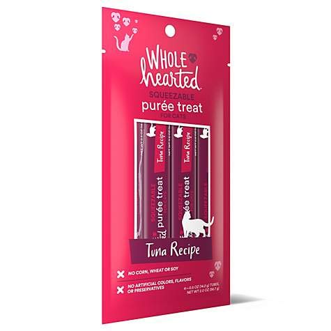Emballage portable WholeHearted, sachets purée chat faciles à transporter.