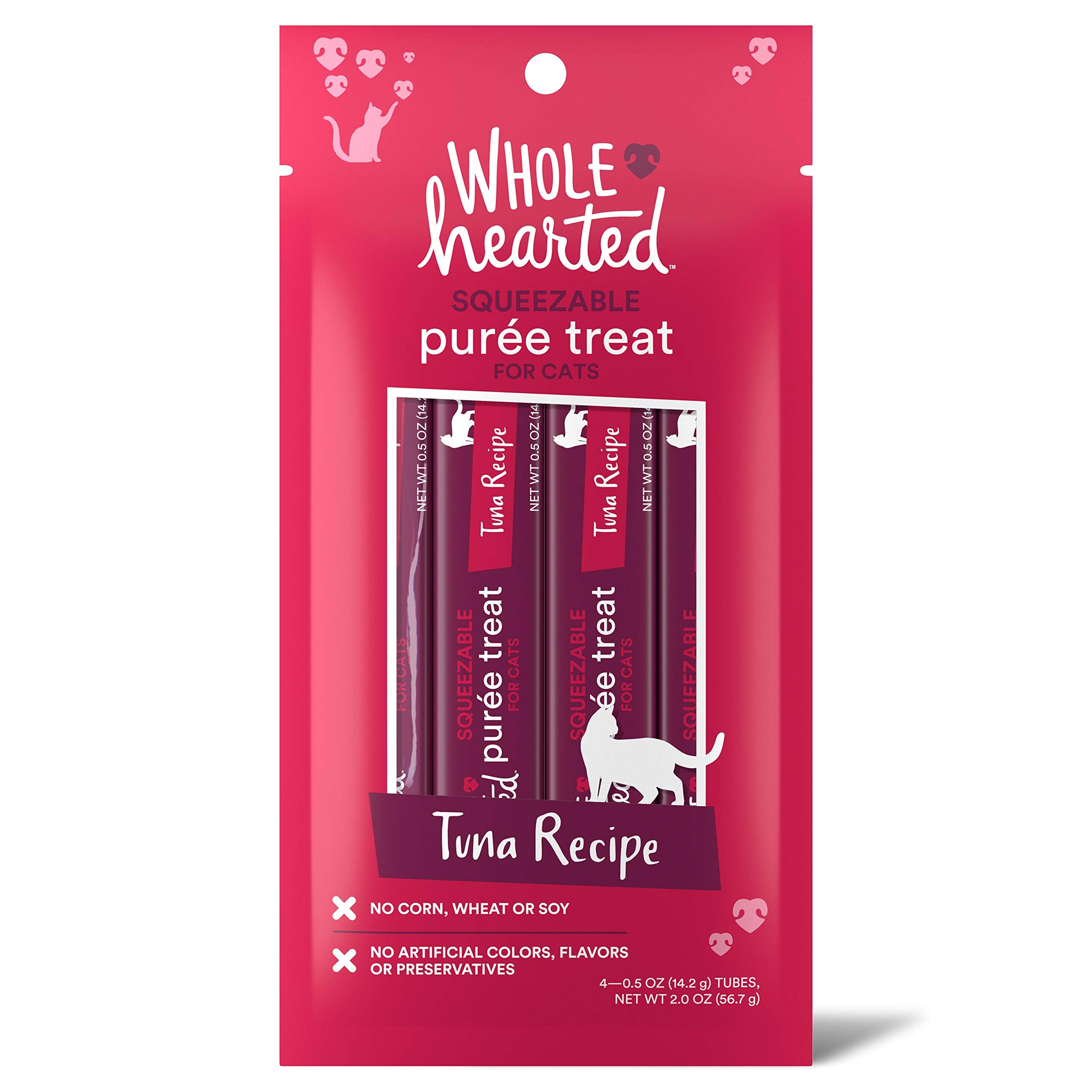 Purée de thon WholeHearted en tube, snack pratique pour chats.