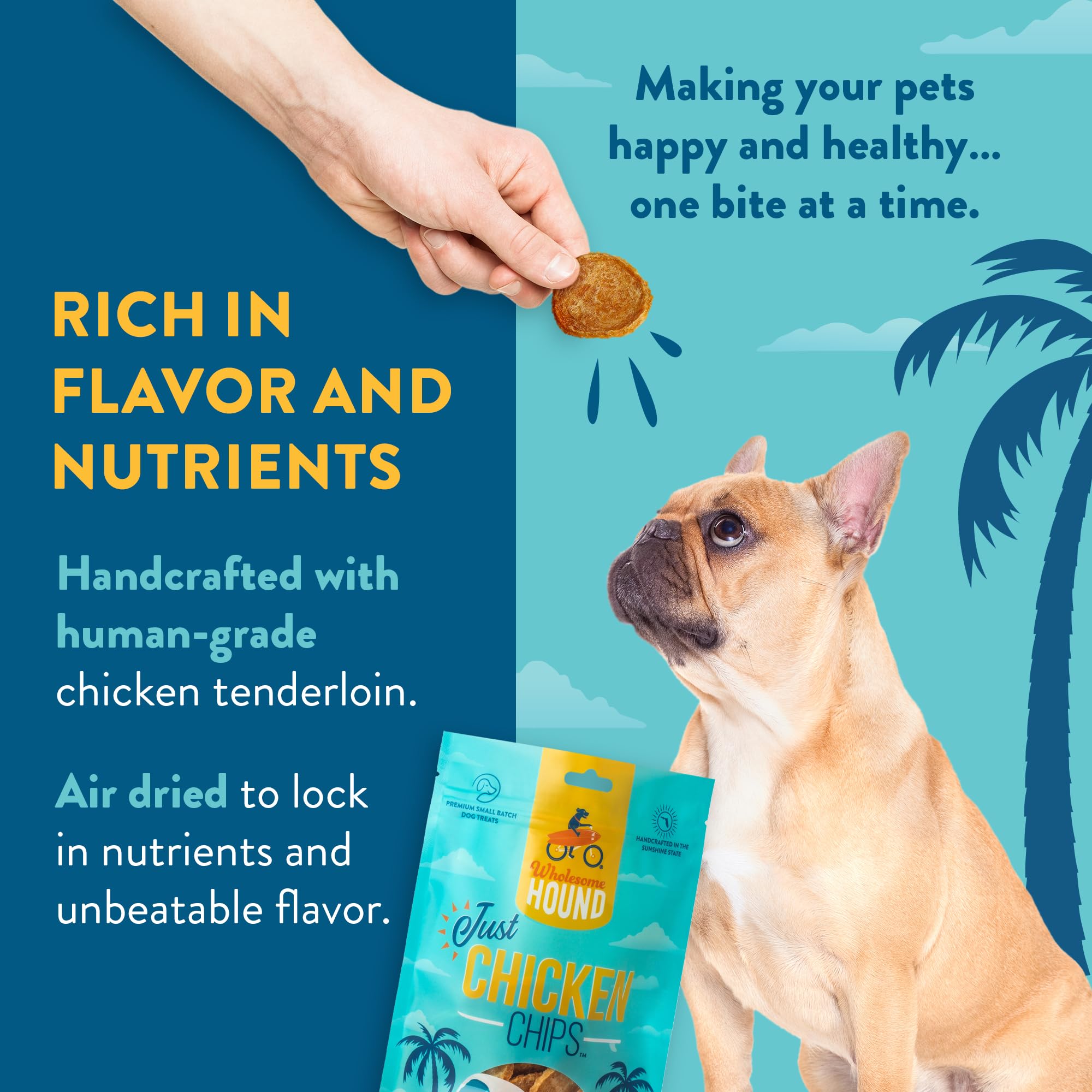 Wholesome Hound Chips Poulet: friandise légère sans céréales et sans additifs.