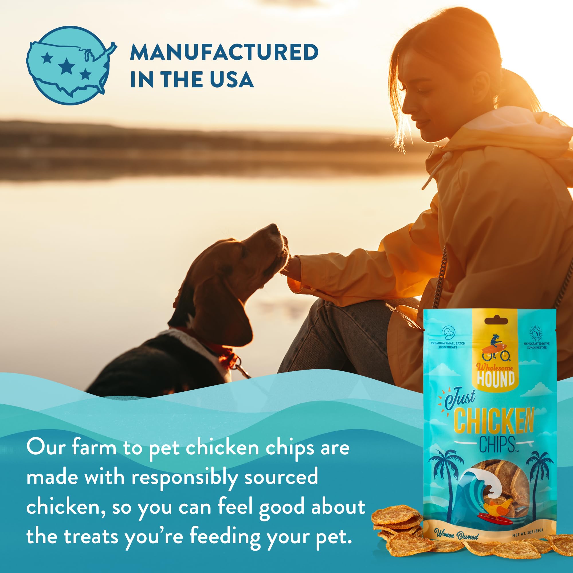 Wholesome Hound Chips Poulet fabriqué aux États‑Unis, contrôle qualité.