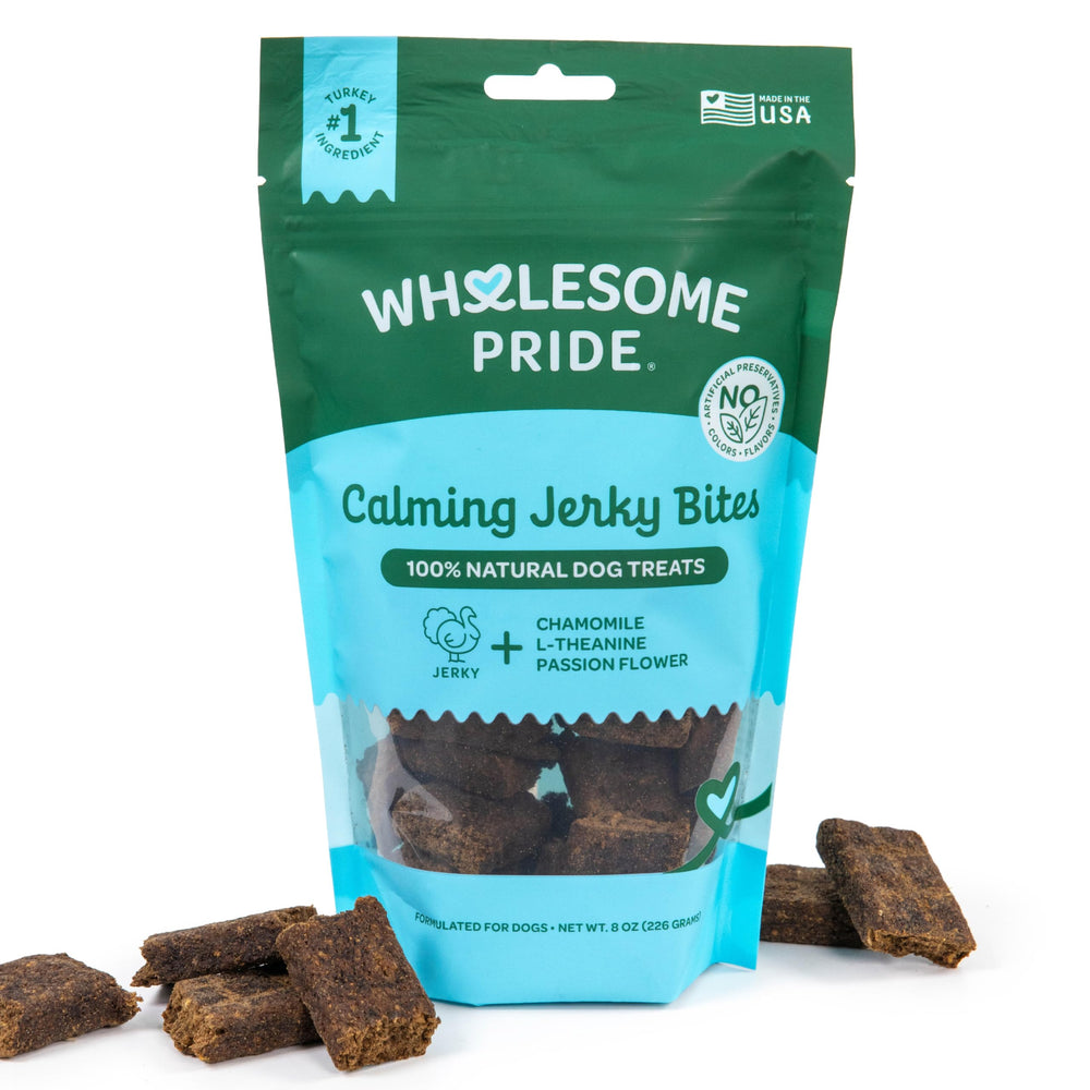 Wholesome Pride emballage montrant friandises calmantes pour chiens en déplacement