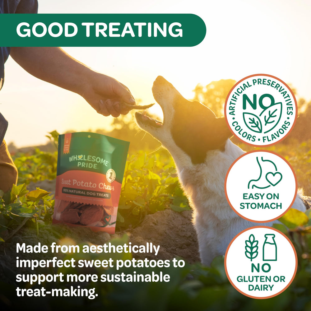 Wholesome Pride Patate Douce Sans Additifs, option naturelle pour les chiens sensibles.