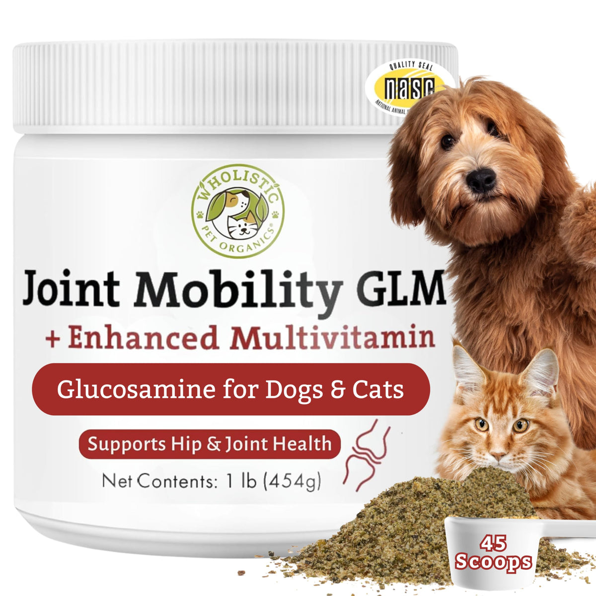Wholistic Pet Organics articulations-poudre: soutien mobilité quotidien pour chiens et chats.