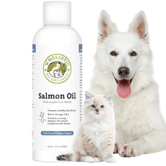 Wholistic Pet Organics huile saumon Alaska sauvage, bouteille visible, potentielle amélioration du pelage.
