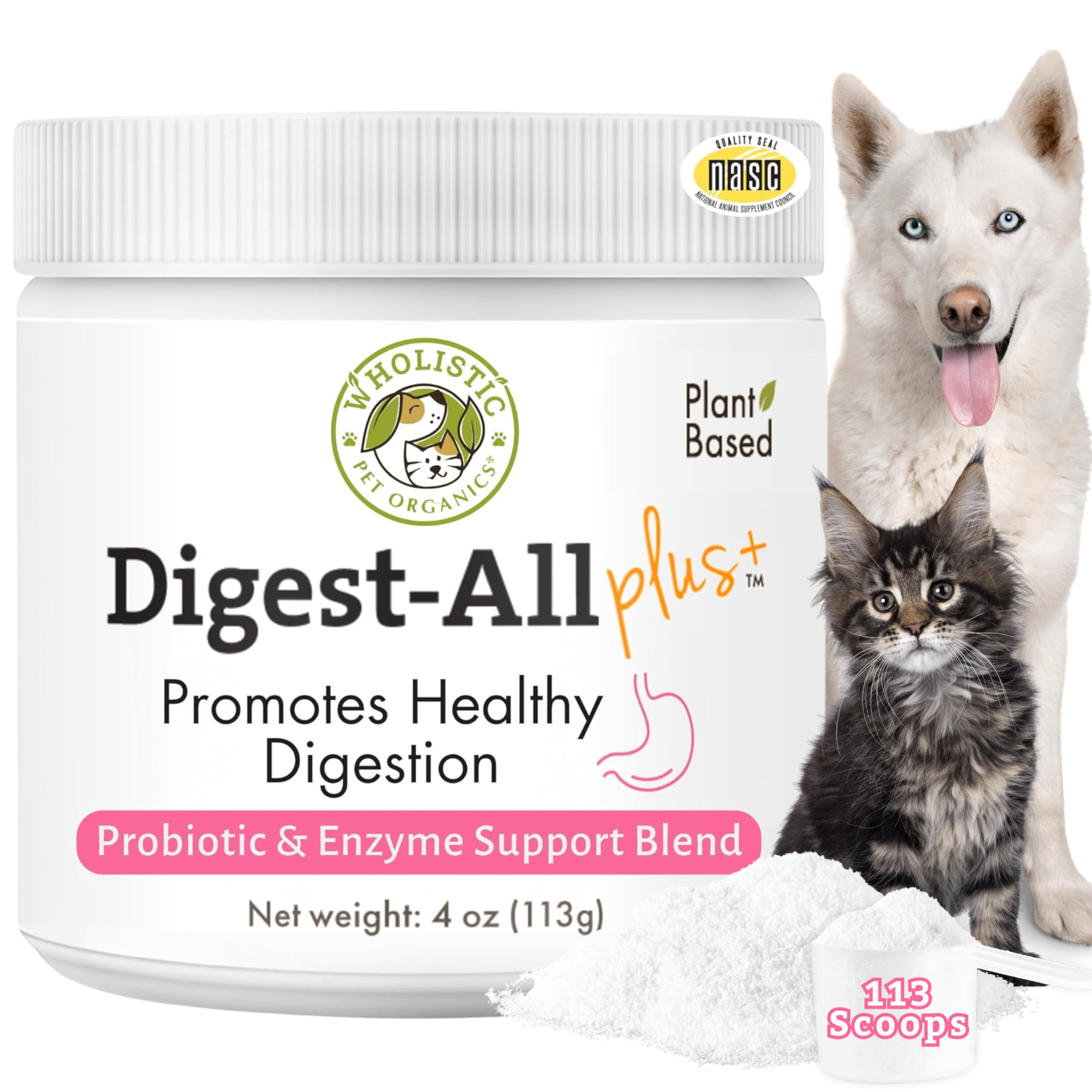 Wholistic Pet Organics — bouteille-probiotiques pour chats et chiens, soutien digestif potentiel.