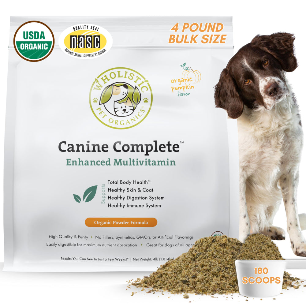 Wholistic Pet Organics Canine Complete - Bouteille prête à l’emploi pour soutenir l’immunité et le pelage.