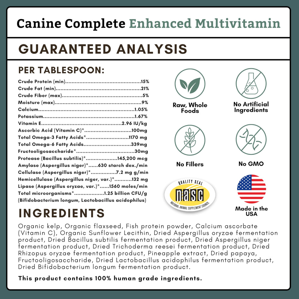Wholistic Pet Organics Canine Complete, mélange pratique qui peut être saupoudré sur tout repas.
