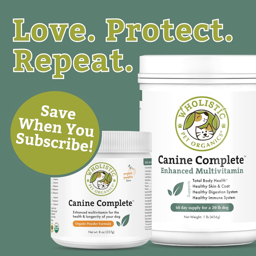 Wholistic Pet Organics Canine Complete – sans additifs ni charges, ingrédients purs.
