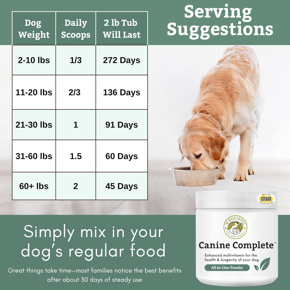 Wholistic Pet Organics Canine Complete, fabriqué aux États-Unis et certifié NASC.