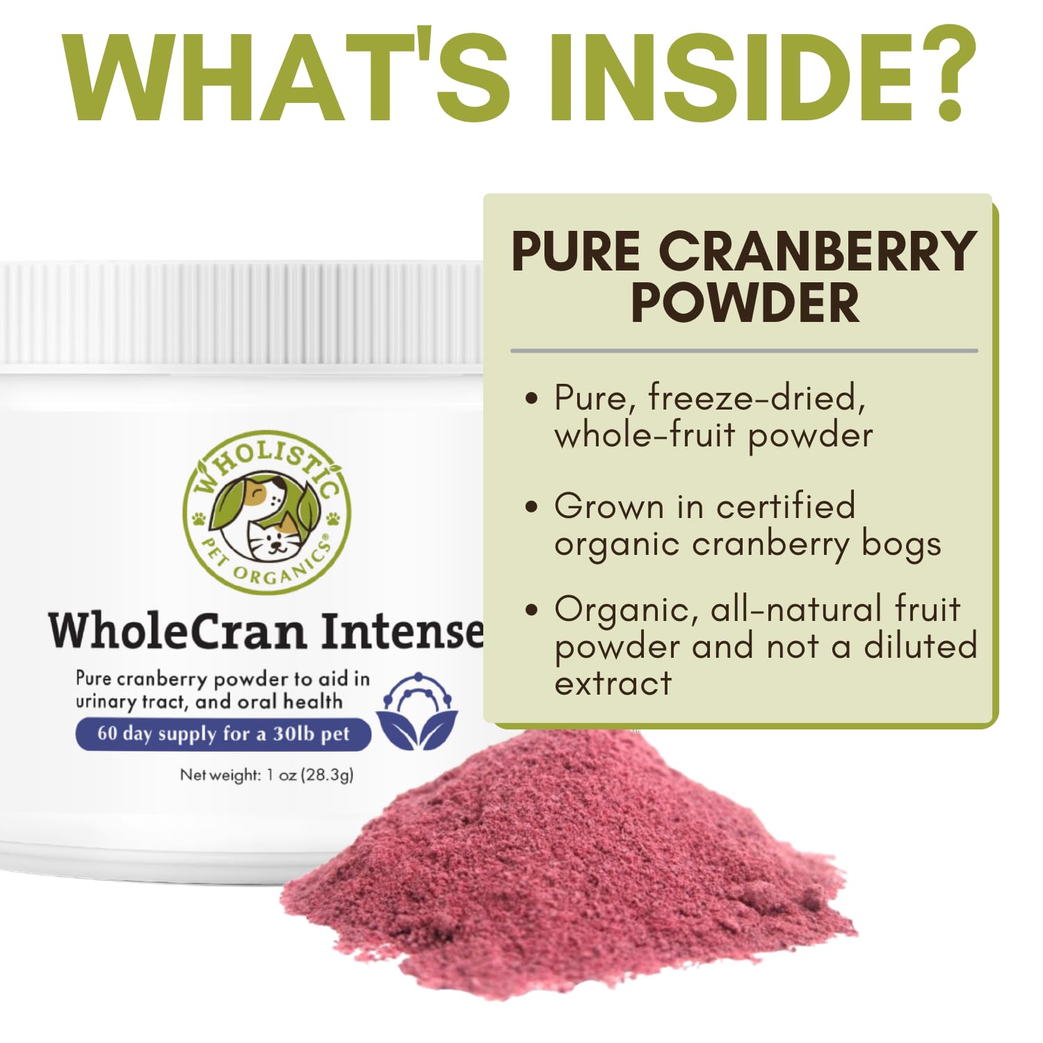 Wholistic Pet Organics canneberge dosettes : dosage pratique ajouté aux repas.