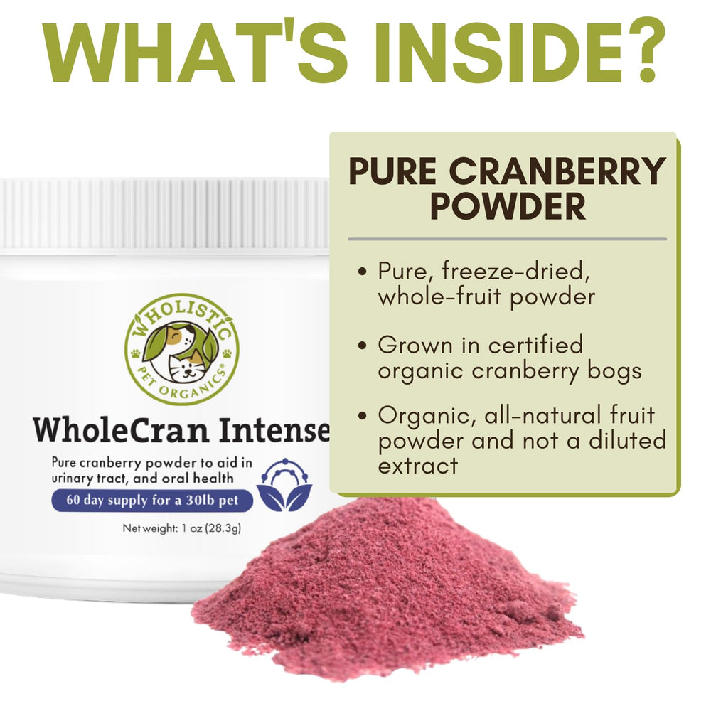 Wholistic Pet Organics canneberge dosettes : dosage pratique ajouté aux repas.