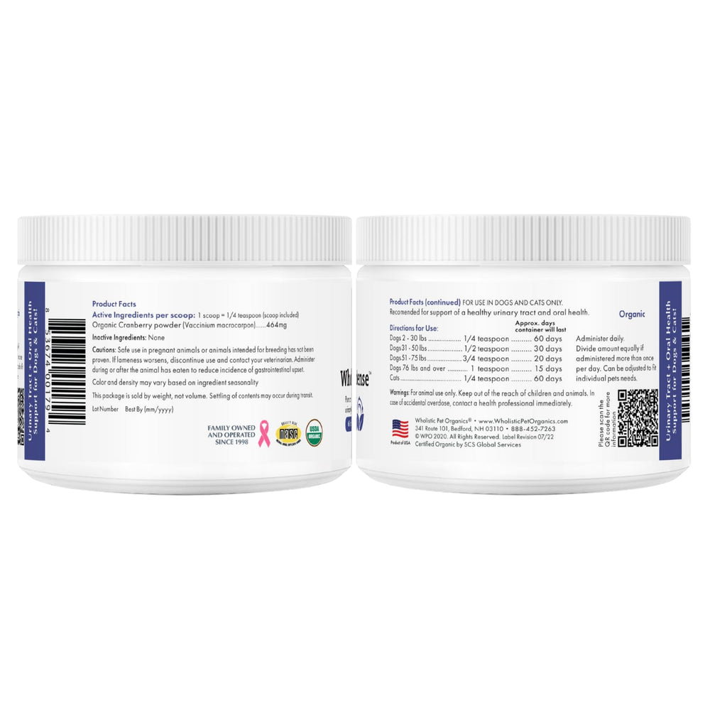Wholistic Pet Organics canneberge préparation quotidienne : usage facile.