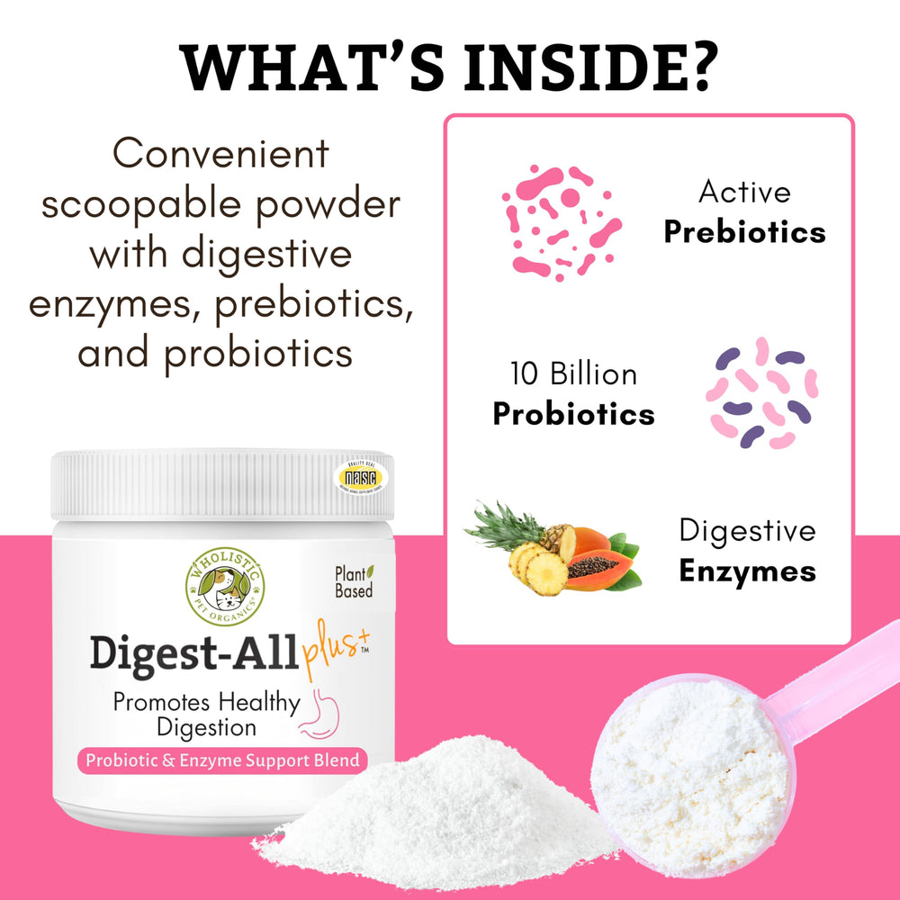 Wholistic Pet Organics chat-utilise-probiotiques-digestion: contribue potentiellement à une meilleure digestion.
