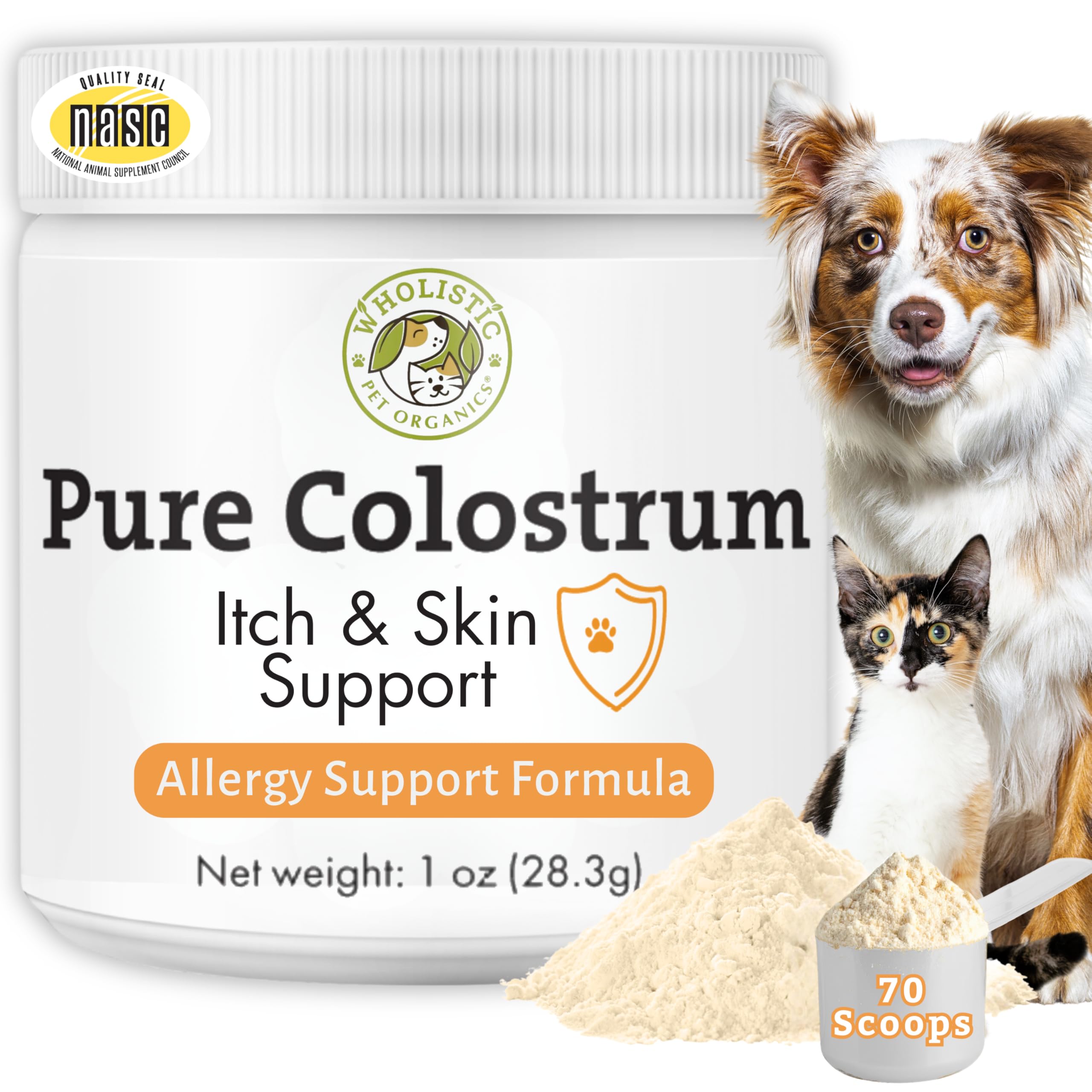 Wholistic Pet Organics Colostrum pour chiens et chats, bouteille montrant le soutien immunitaire.