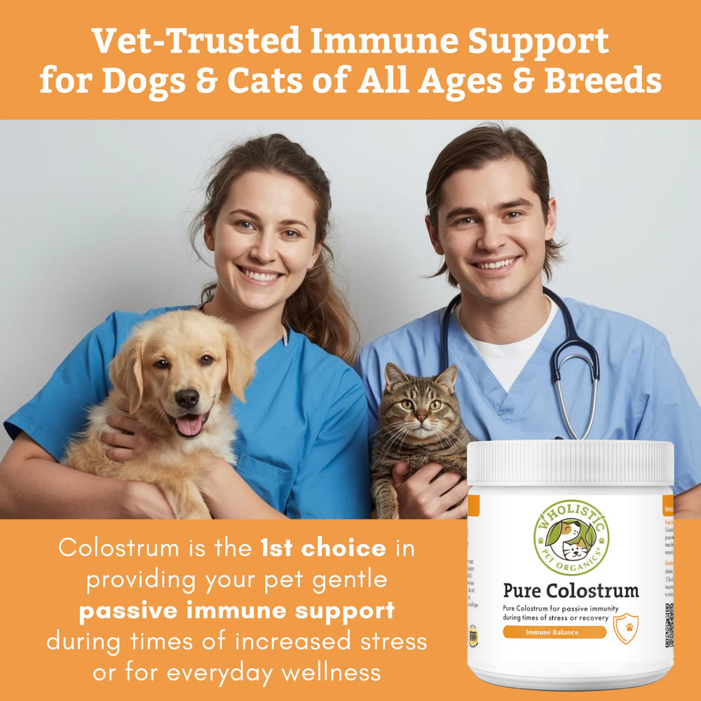 Colostrum poudre Wholistic Pet Organics pour immunité canine et féline et peau apaisée.