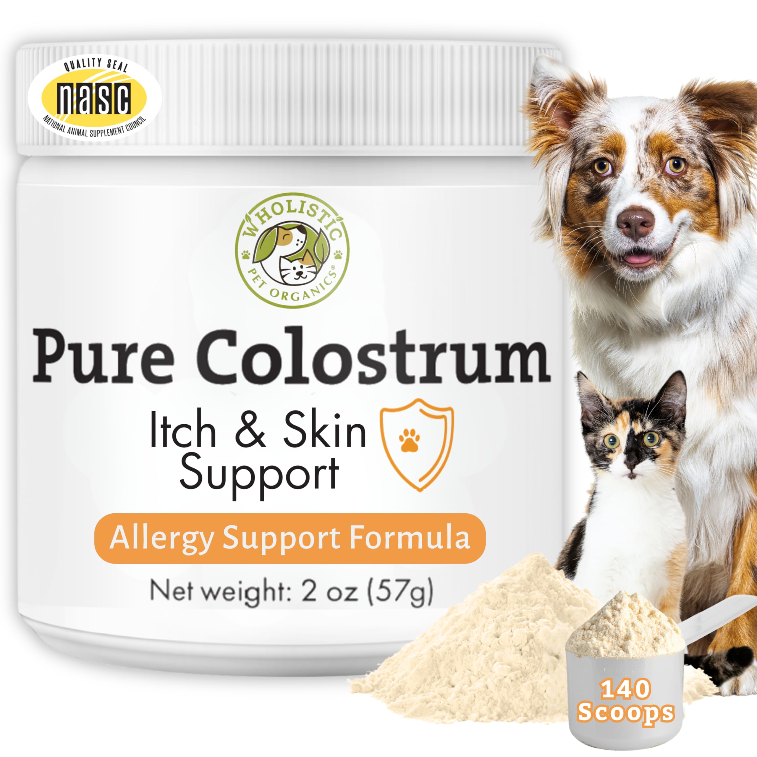 Wholistic Pet Organics Colostrum poudre usage quotidien pour chien et chat, soutien immunitaire possible.