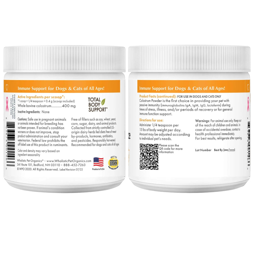Produit Wholistic Pet Organics Colostrum pour chiens et chats de tous âges.