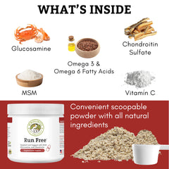 Wholistic Pet Organics: poudre montrant glucosamine, chondroïtine et MSM pour la mobilité.