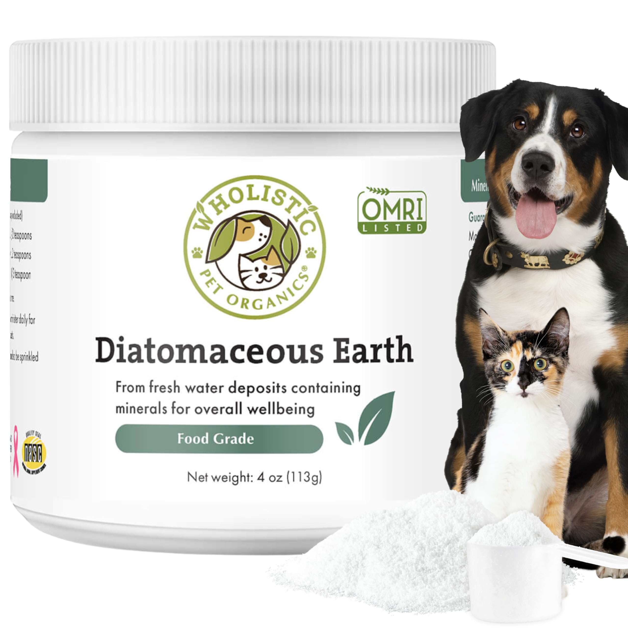 Wholistic Pet Organics Diatomaceous Earth dans une bouteille, poudre pratique.