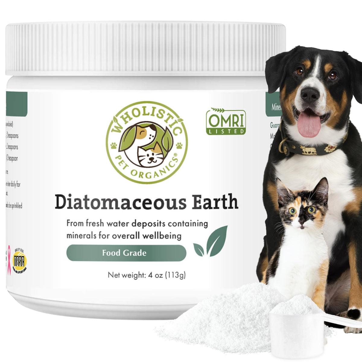 Wholistic Pet Organics Diatomaceous Earth dans une bouteille, poudre pratique.