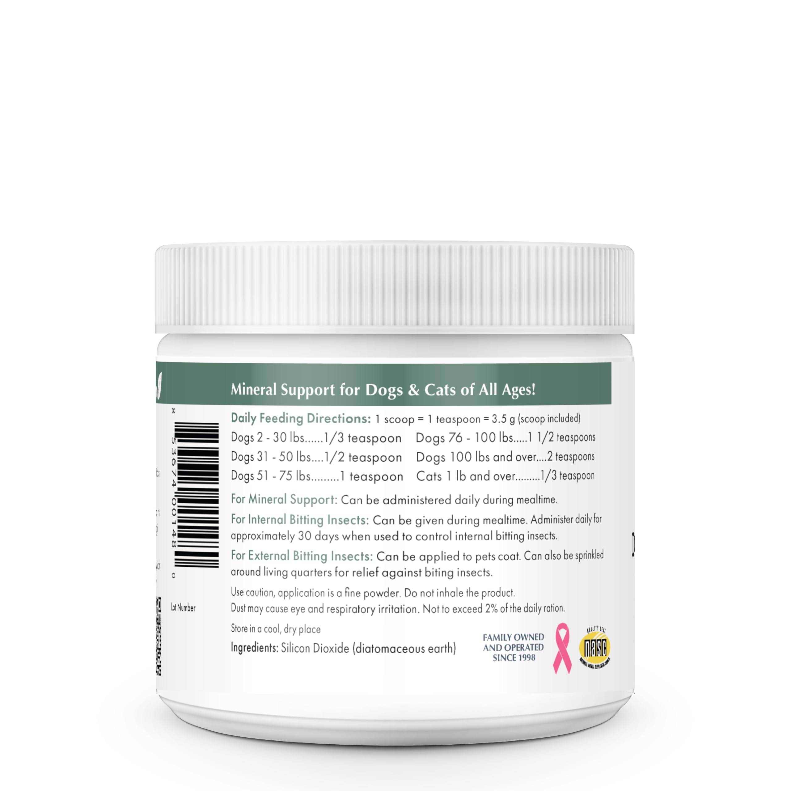 Wholistic Pet Organics Diatomaceous Earth dose-cuillère incluse, dosage précis.