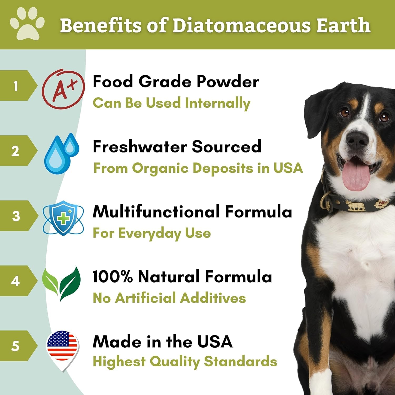 Wholistic Pet Organics Diatomaceous Earth poudre versée dans un bol prête à mélanger.
