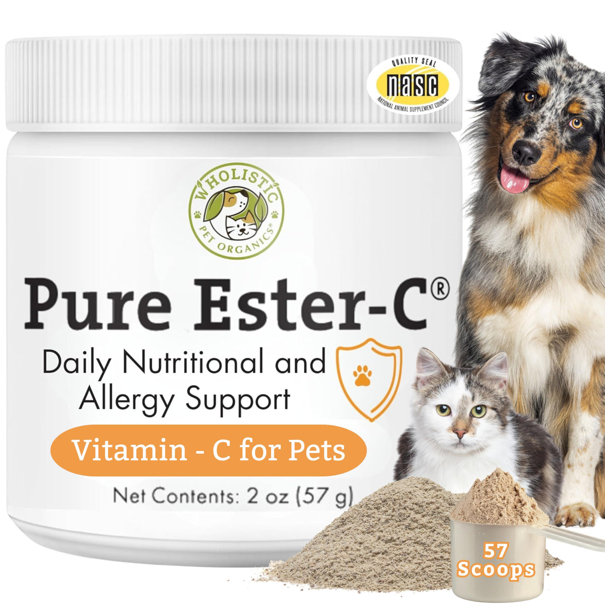 Wholistic Pet Organics Ester-C Poudre bouteille: soutien immunitaire potentiel et bien-être quotidien.