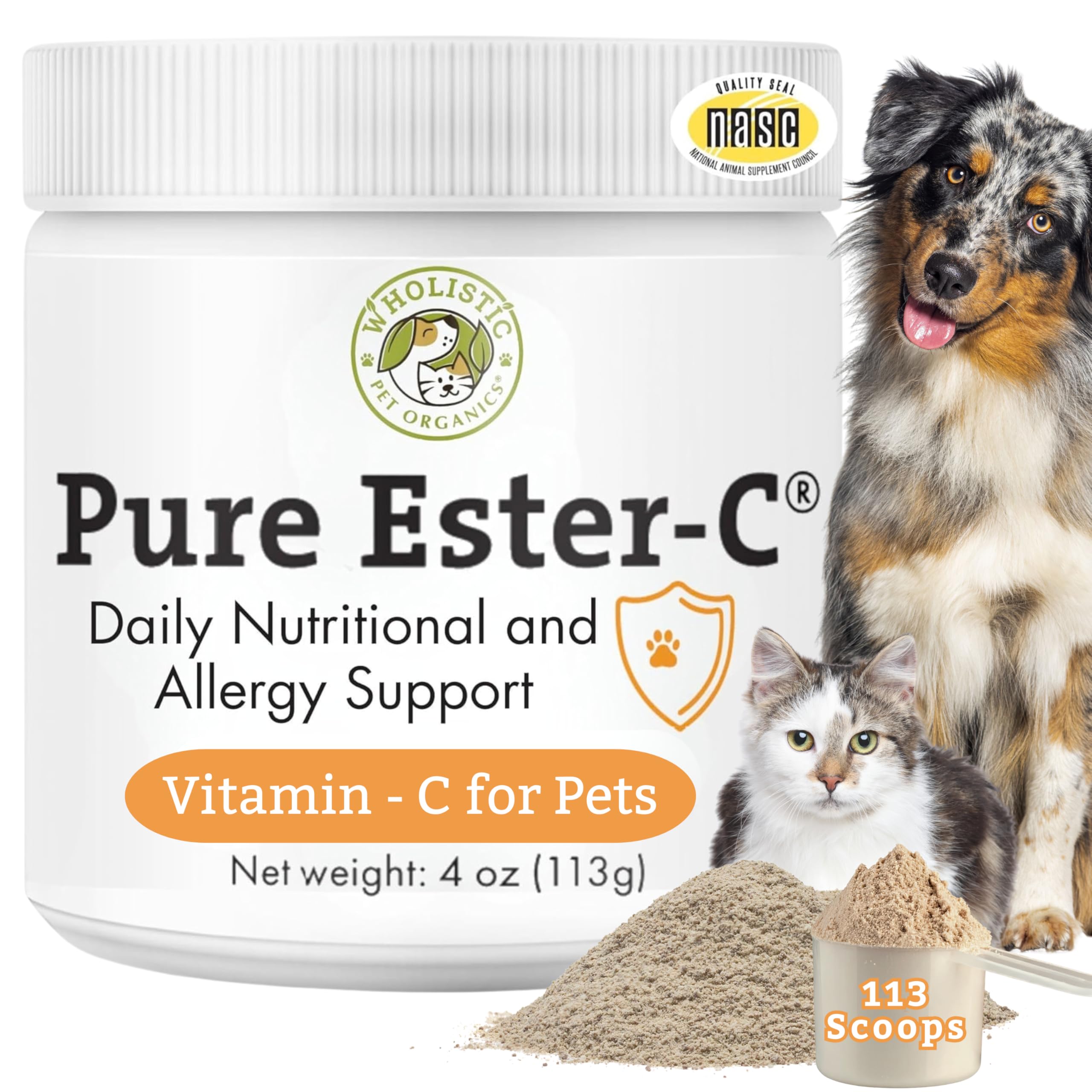 Wholistic Pet Organics Ester-C Poudre—emballage et doseur pratiques pour chiens et chats.