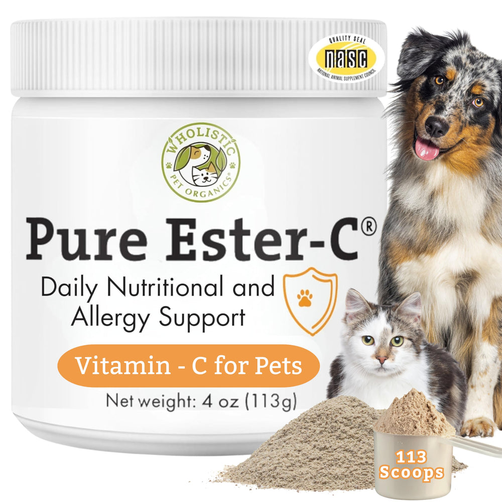 Wholistic Pet Organics Ester-C Poudre—emballage et doseur pratiques pour chiens et chats.