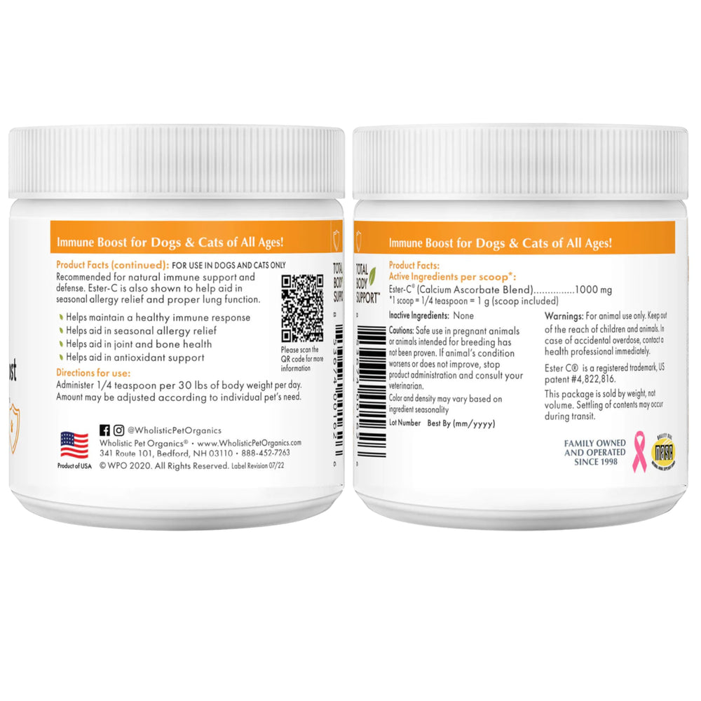 Wholistic Pet Organics Ester-C Poudre—confort cutané et soutien quotidien.