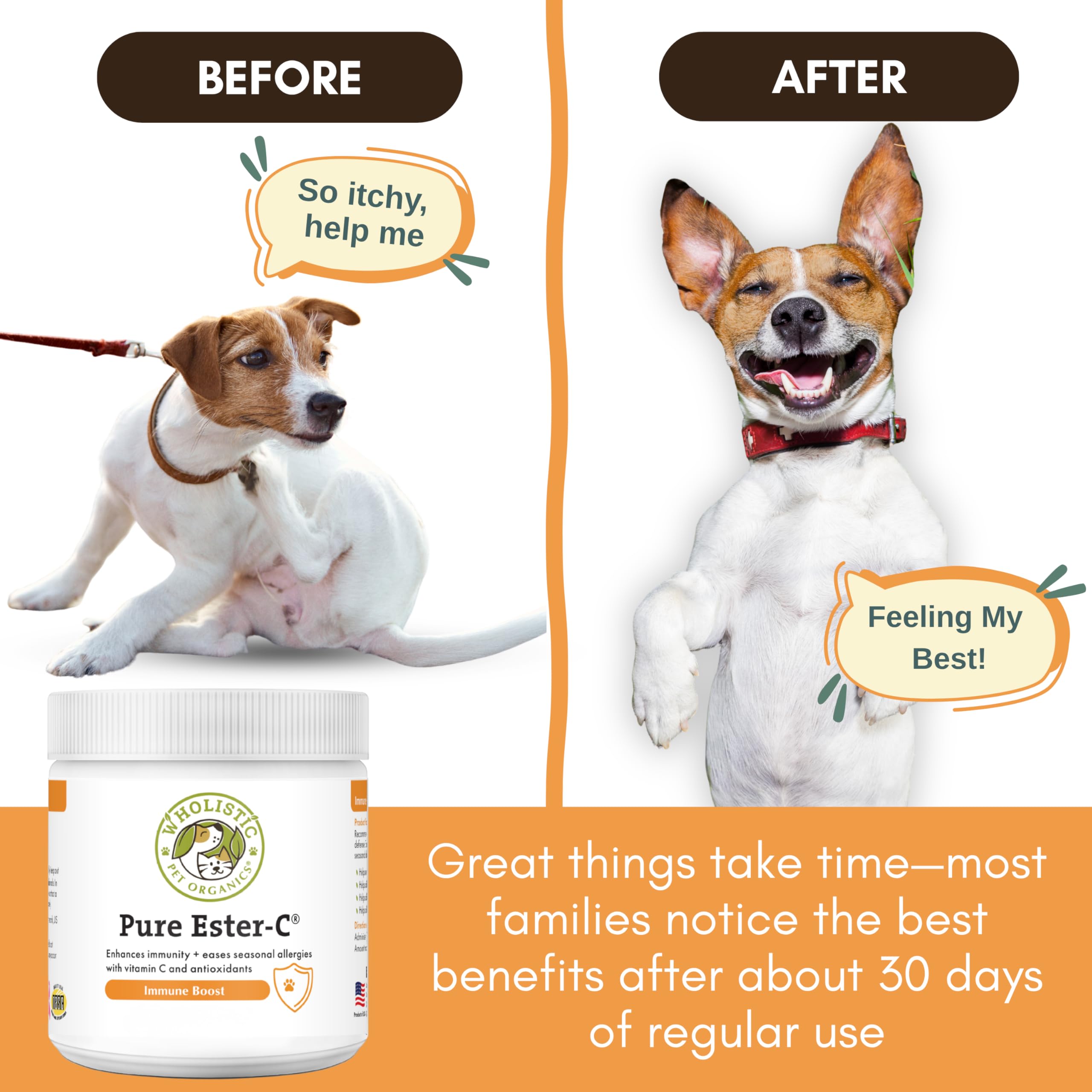 Wholistic Pet Organics Ester-C Poudre—soutien immunitaire pour chiens et chats.