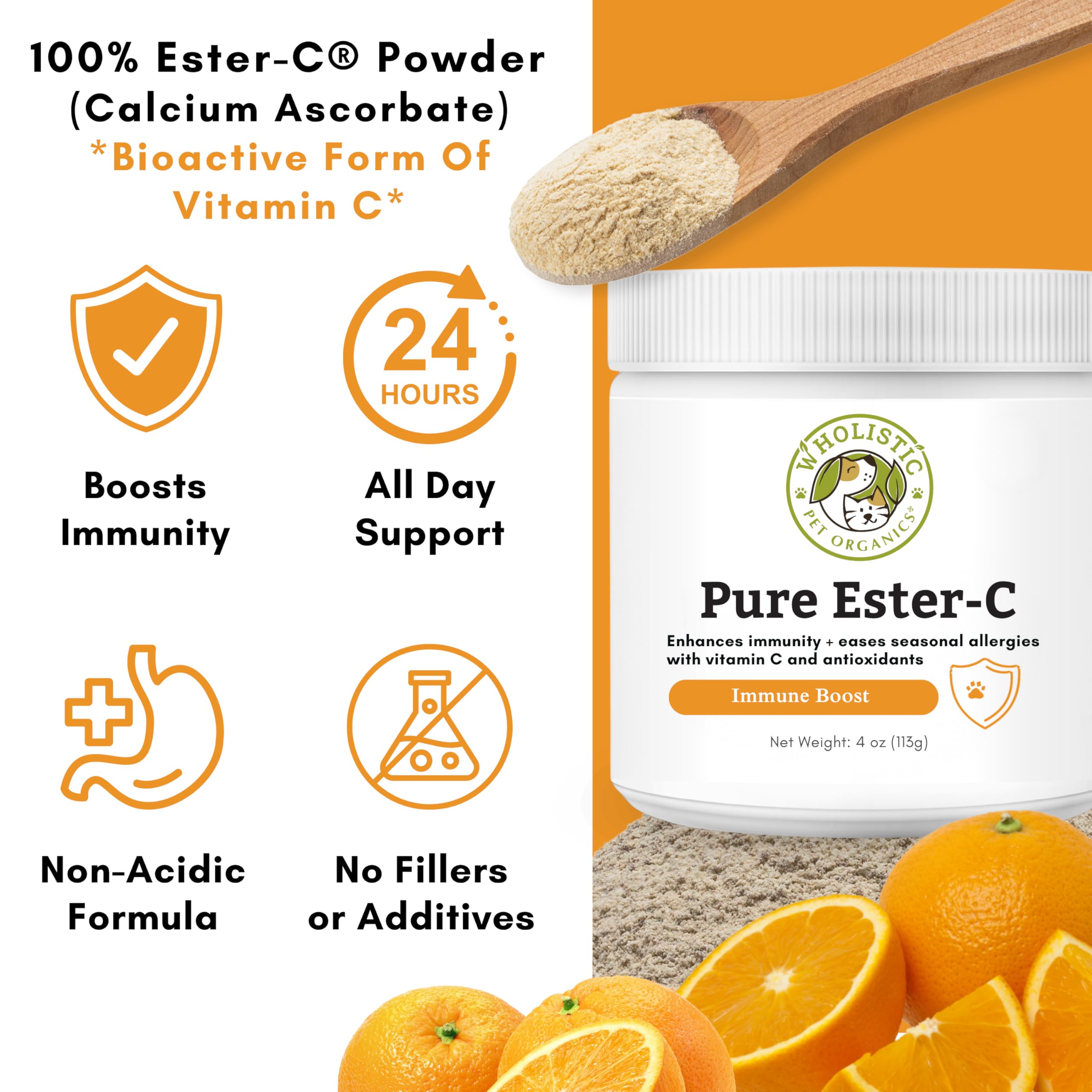 Wholistic Pet Organics Ester-C Poudre—utilisation simple au quotidien.