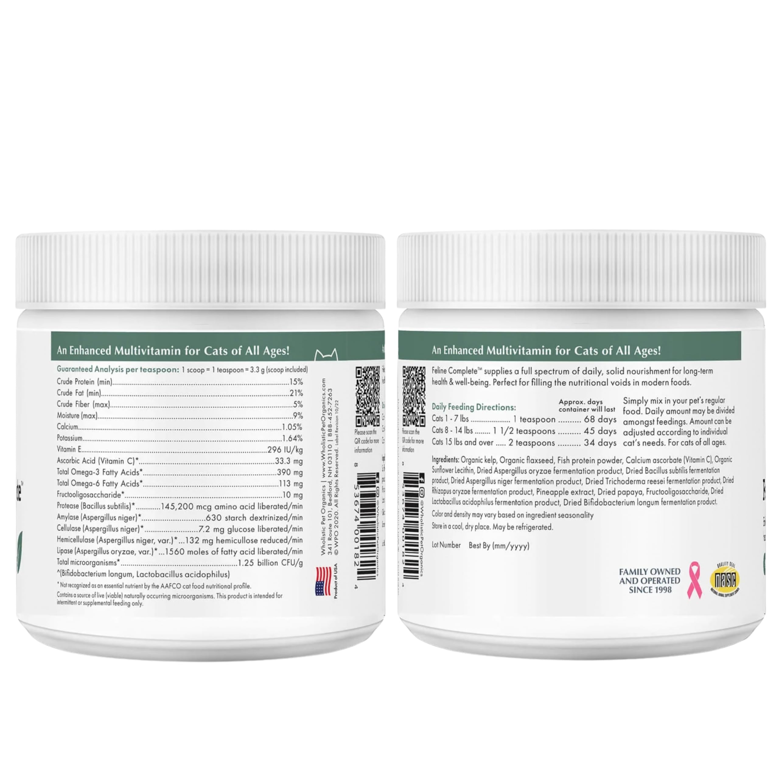 Wholistic Pet Organics Feline Complete: utilisation quotidienne simple en 75 scoops.