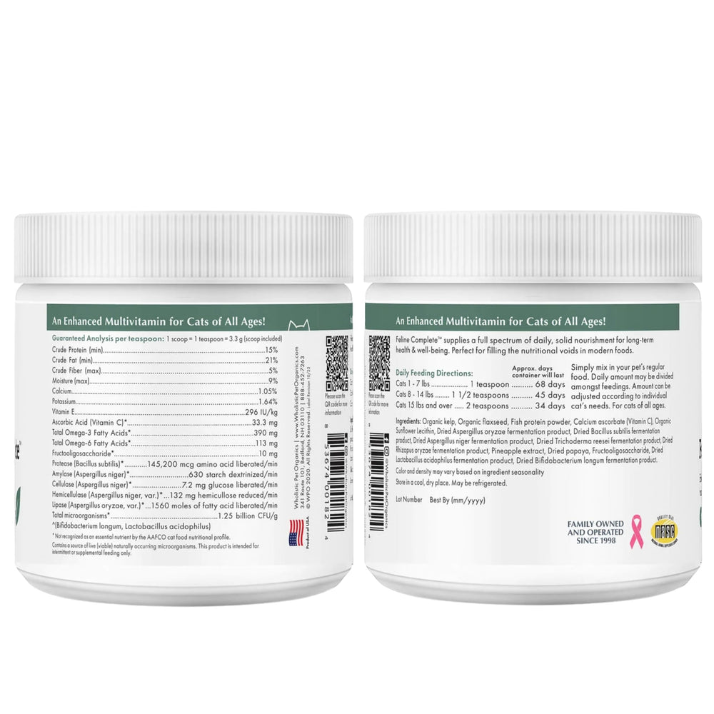 Wholistic Pet Organics Feline Complete: utilisation quotidienne simple en 75 scoops.