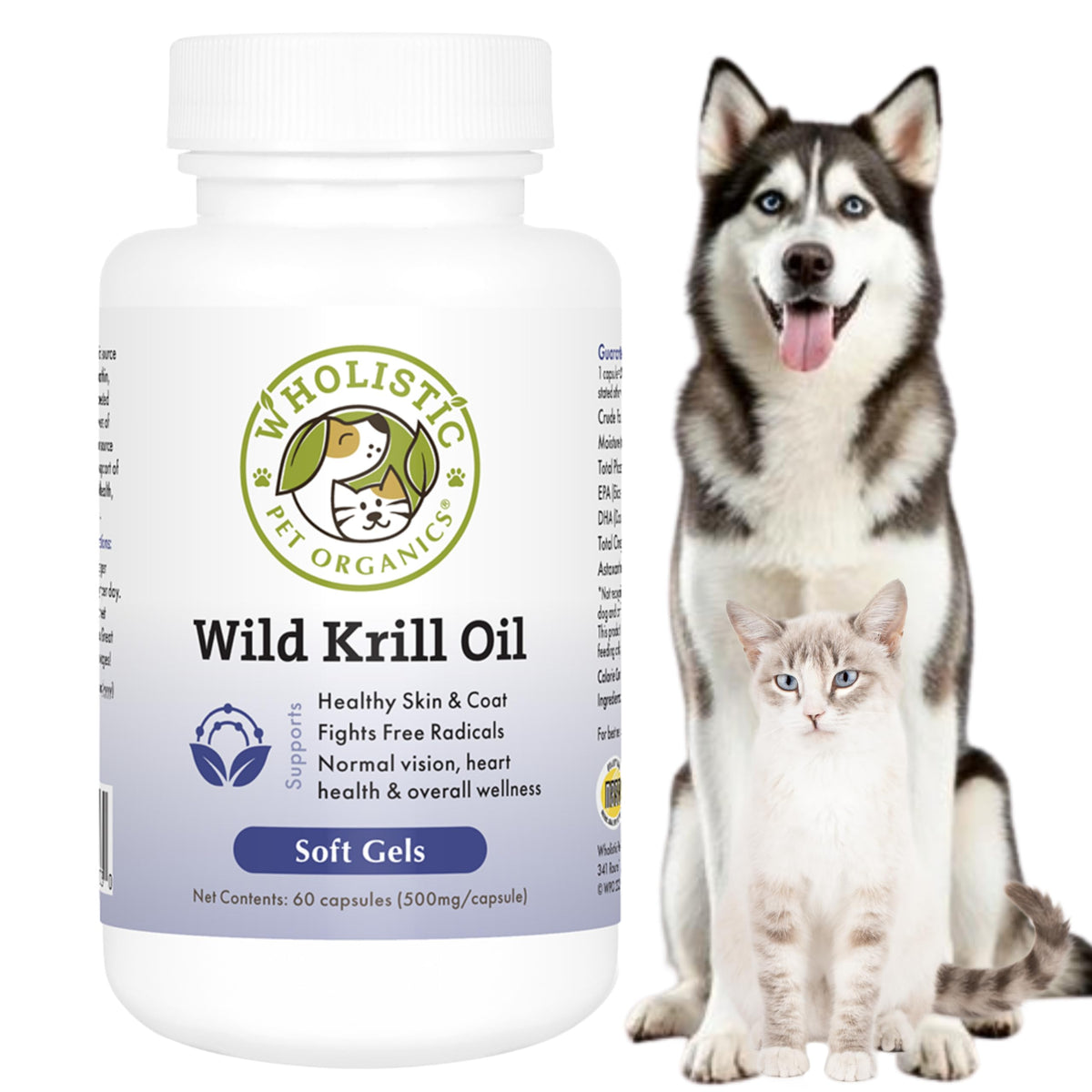 Wholistic Pet Organics huile de krill en bouteille, pratique et polyvalente.