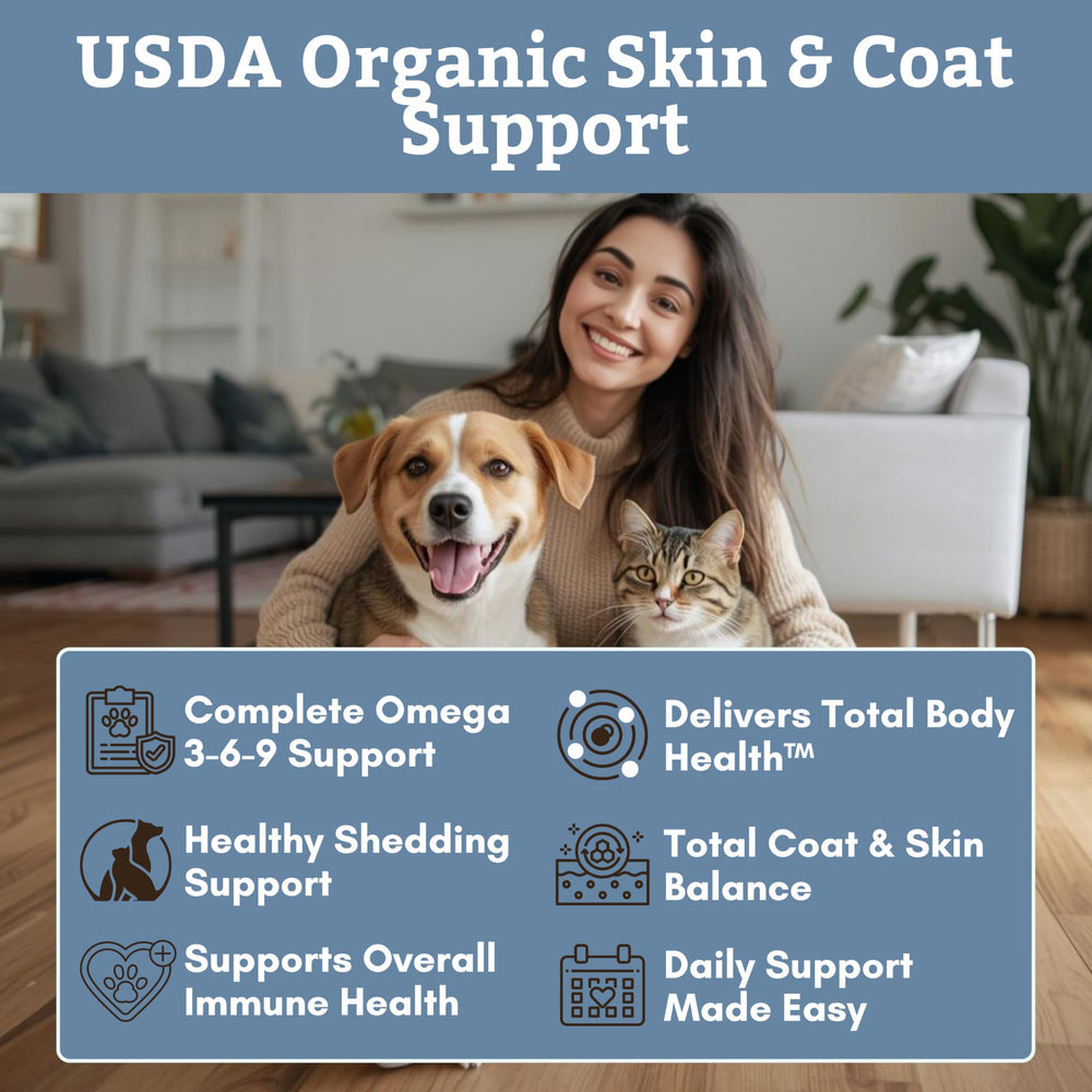 Huile de lin pressée à froid Wholistic Pet Organics soutient la peau.