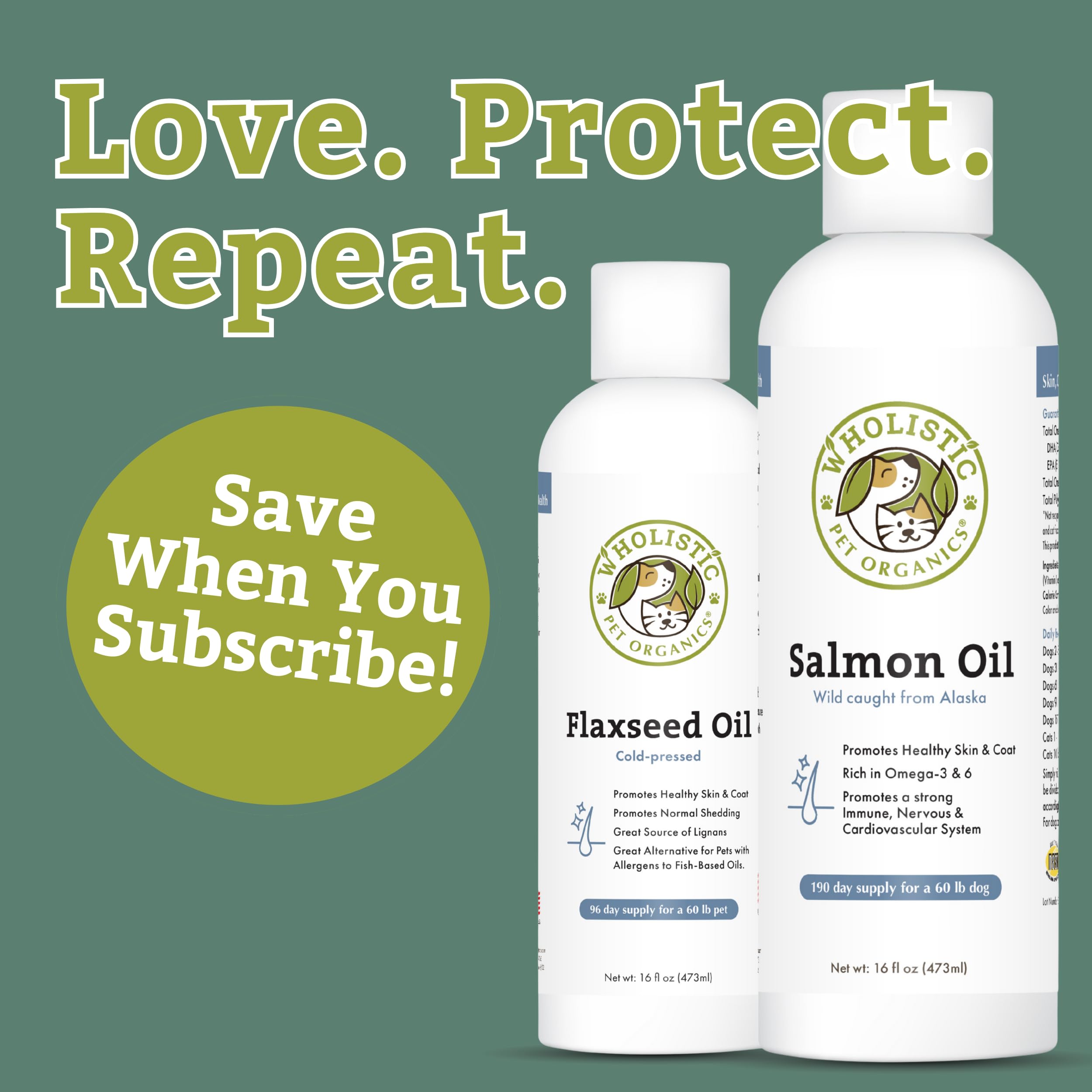 Wholistic Pet Organics huile saumon d'Alaska – bouteille pratique et dosage précis.