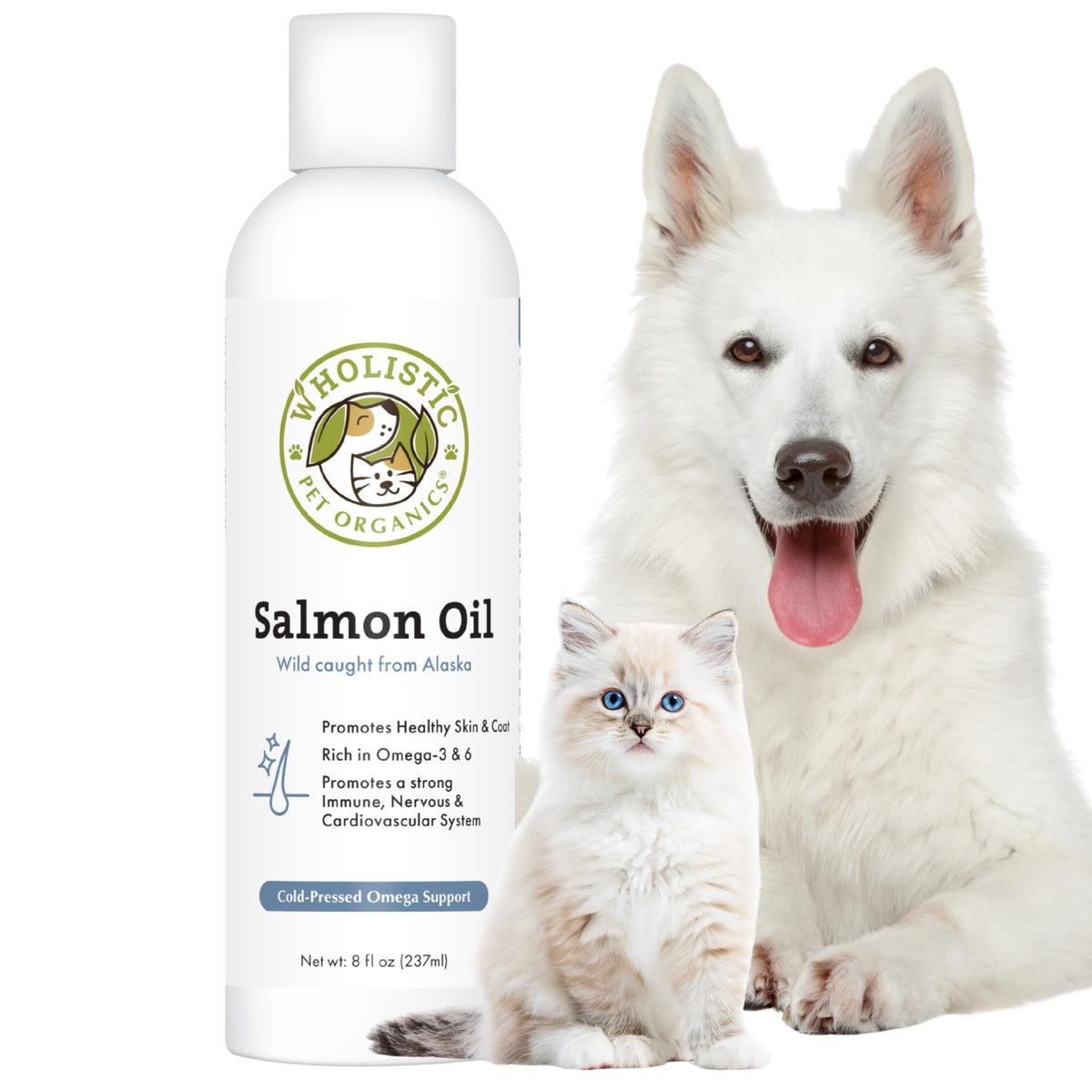 Wholistic Pet Organics huile saumon d'Alaska – versement facile sur nourriture quotidienne.