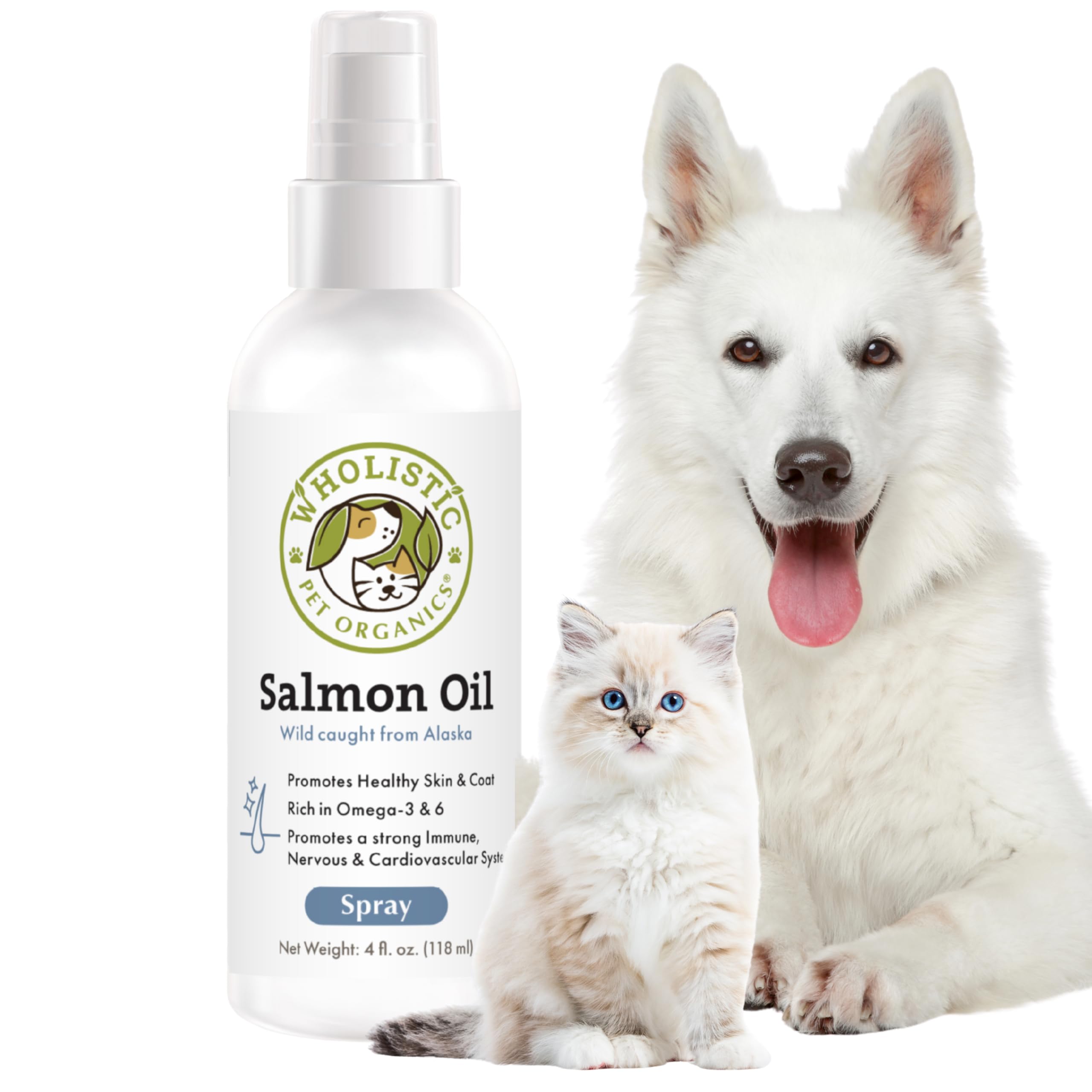 Wholistic Pet Organics huile saumon sauvage, bouteille 4 oz, pelage lumineux et bien être général.