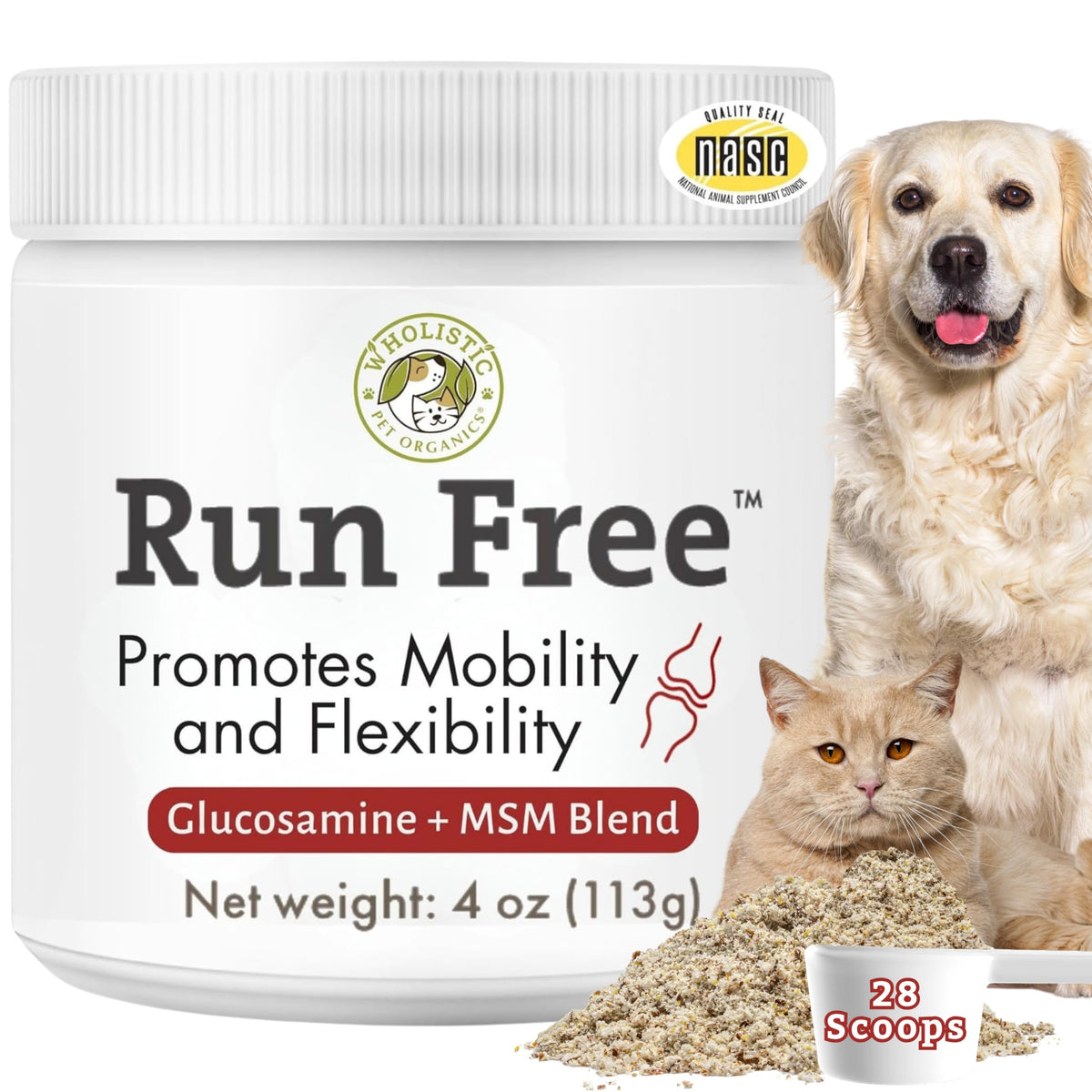 Wholistic Pet Organics Max Strength flacon montrant le soutien des articulations pour chiens et chats.