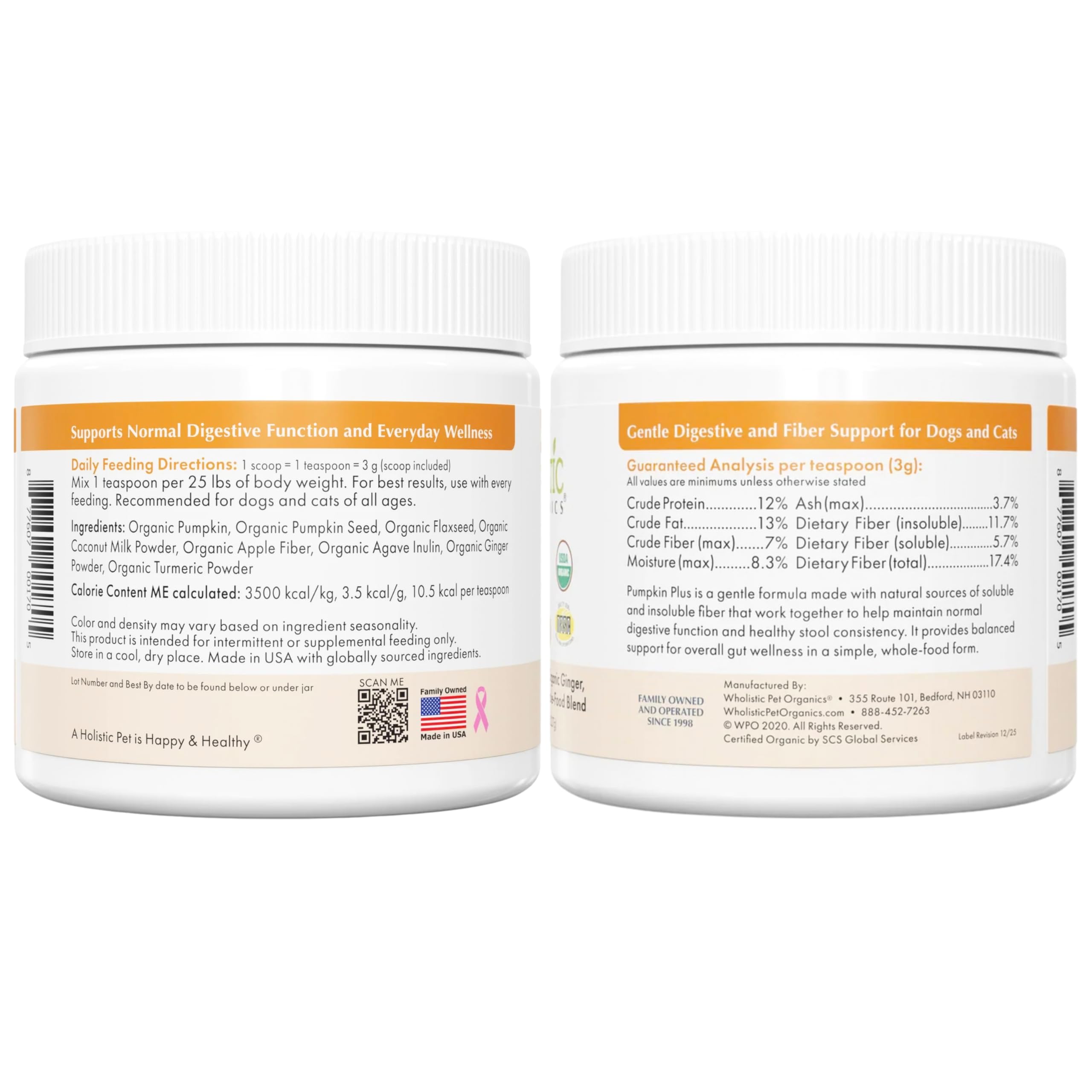 Wholistic Pet Organics Poudre Citrouille – prête à servir en purée naturelle