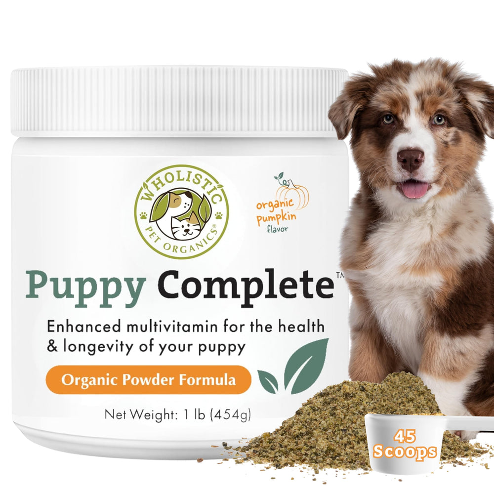 Wholistic Pet Organics Puppy Complete: bouteille-poudre prête à être ajoutée aux repas, pratique et efficace