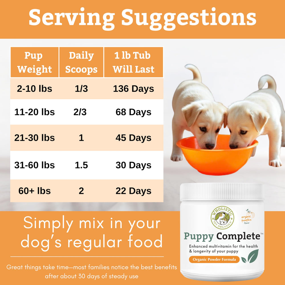 Wholistic Pet Organics Puppy Complete: usage-facile se mélange facilement à tout repas