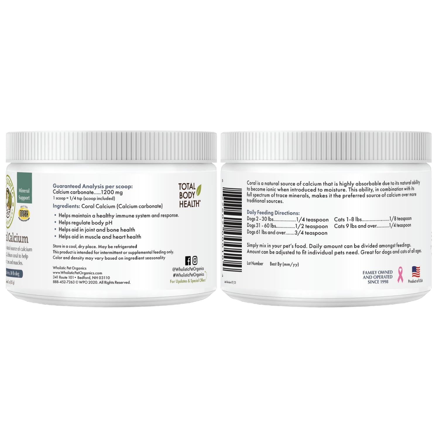Wholistic Pet Organics Pure Powder Calcium – Utilisation quotidienne dans les repas des chiens et chats.
