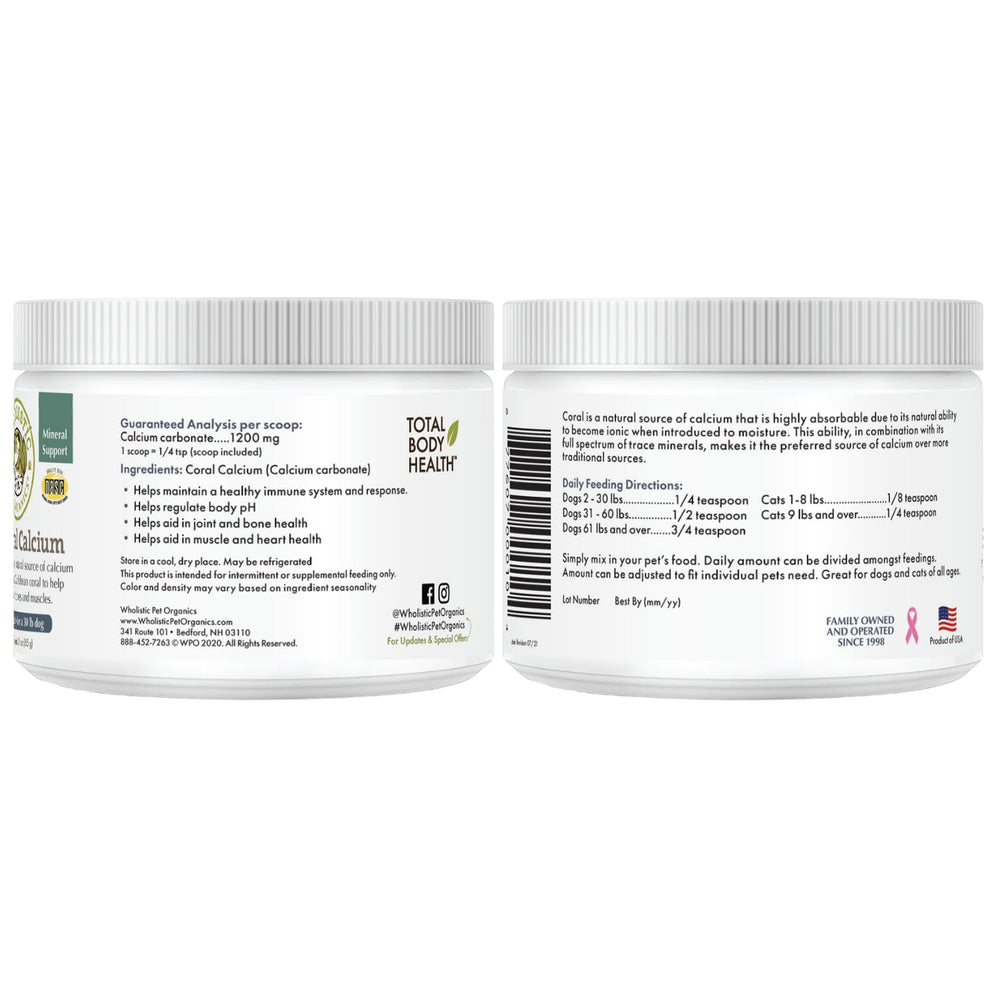 Wholistic Pet Organics Pure Powder Calcium – Utilisation quotidienne dans les repas des chiens et chats.